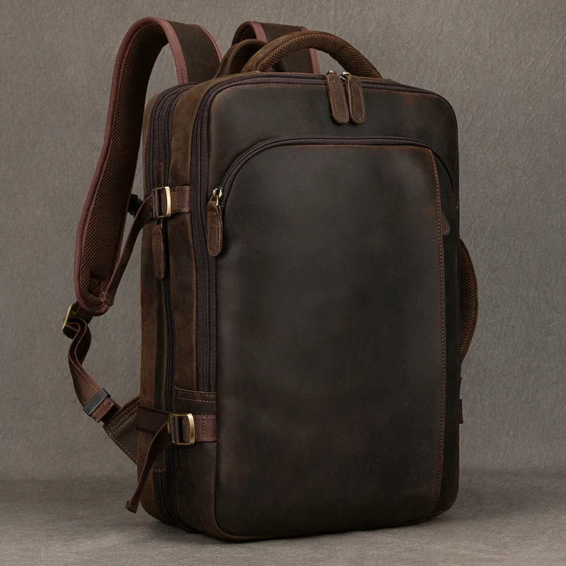 sac à dos vintage en cuir de cheval pour homme, sac à dos en cuir de vachette, grand sac à dos de voyage classique, grand sac à main pour ordinateur portable 15.6"