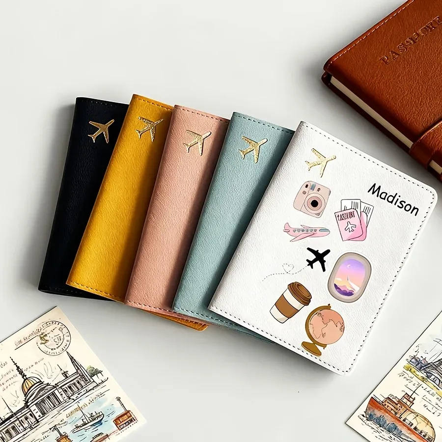 porte-passeport personnalisé avec nom et texte, étui de passeport à motif de dessin animé, en similicuir résistant aux rayures