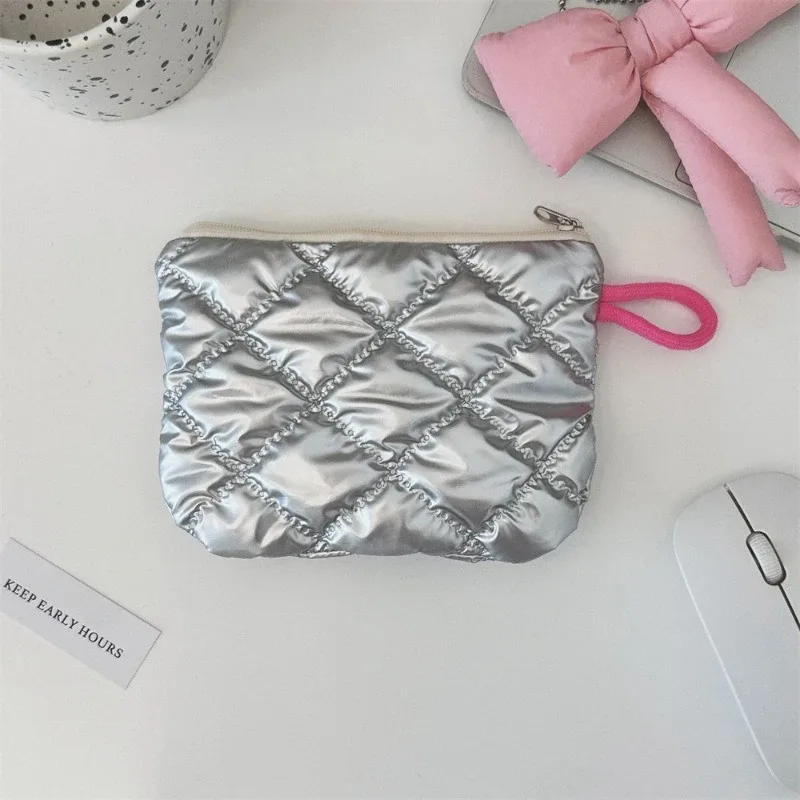 porte-monnaie à motif de nœud argenté pour femme, portefeuille pour écouteurs, pochette à fermeture éclair, trousse à cosmétiques en poudre, prédire