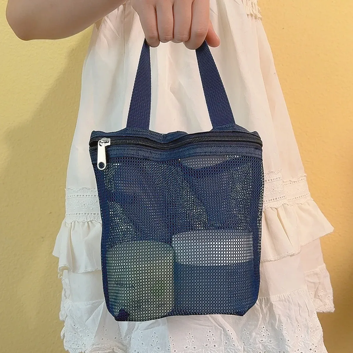 pochette rangement nylon maille translucide zip doré couleur bleu marine voyage cosmétiques pochettes organisateur