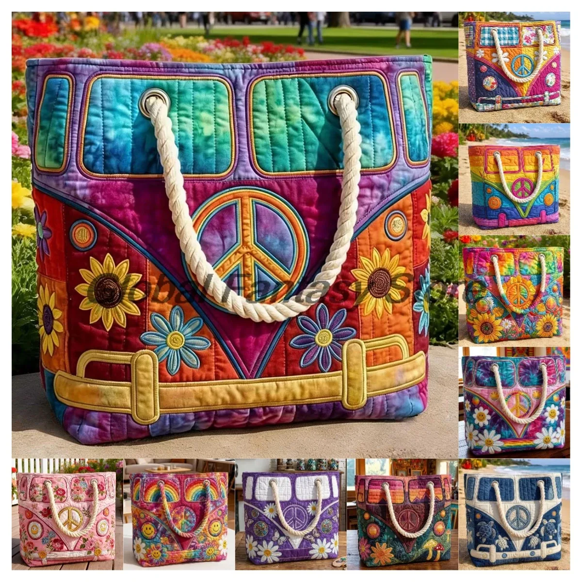 sac de plage matelassé style hippie vintage, sac à bandoulière bohème avec imprimé floral et signe de la paix, sac à main quotidien pour hommes et femmes, sac de shopping