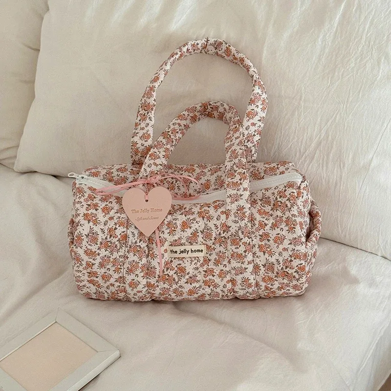 sac à main cylindrique à imprimé floral, trousse de toilette de voyage portable, pochette de rangement à grande capacité, trousse de toilette cosmétique pour femme en plein air