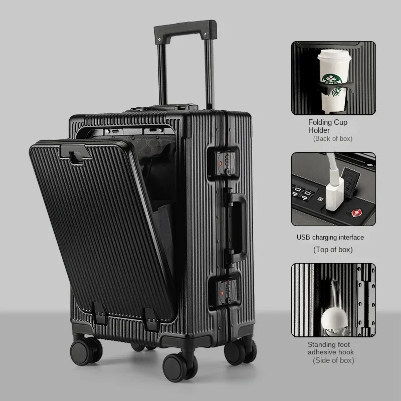 nouvelle valise ouverture avant pochette d'ordinateur cadre en aluminium bagages avec port usb mot de passe boîtier de chariot valises de voyage 20-28 pouces