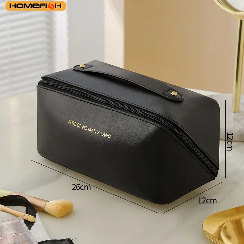 trousse de maquillage de voyage avec double fermeture éclair, grande capacité, organiseur de cosmétiques avec poignée, rangement portable pour articles de toilette pour femmes