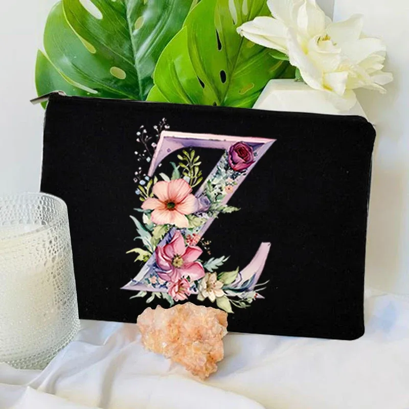 trousse toilette toile noire initiale fleurs maquillage femmes voyage sac cosmétiques intérieur uni poignée glissière