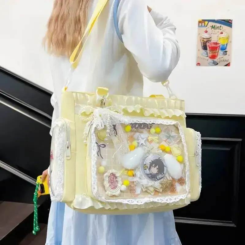 y2k nouveau sac à bandoulière doux ita lolita fille sac à bandoulière transparent femmes grande capacité sac fourre-tout en dentelle mignon bricolage affichage sac à main