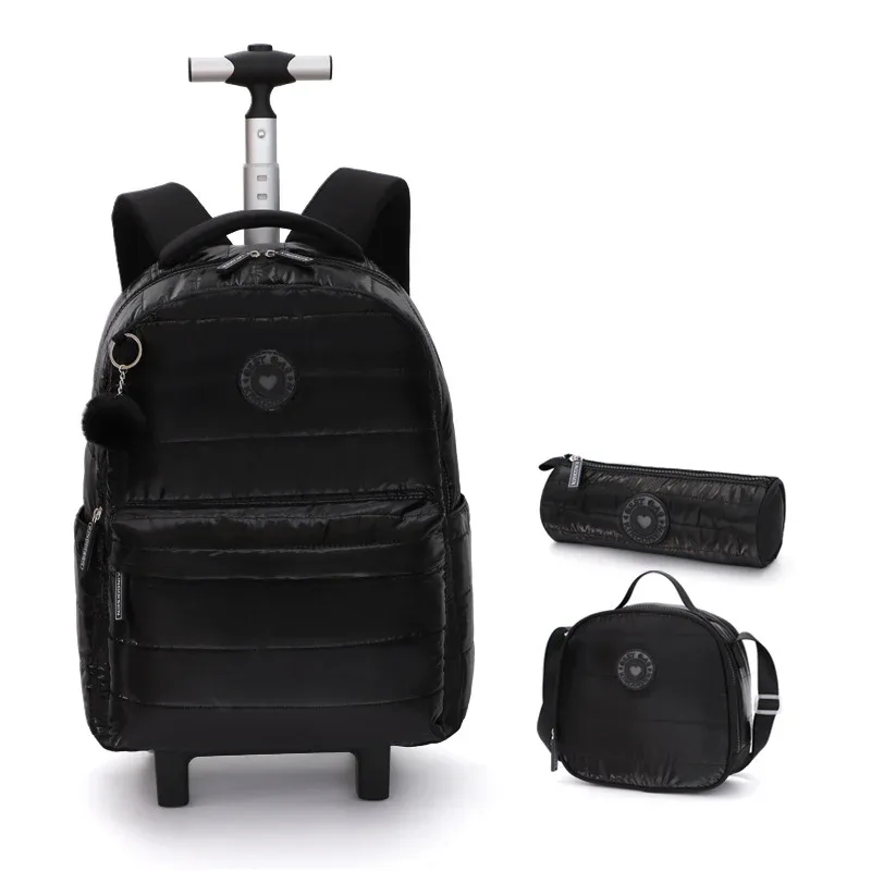 sac dos polyester rose compartiment principal roues intégrées poches latérales sacs école filles voyage