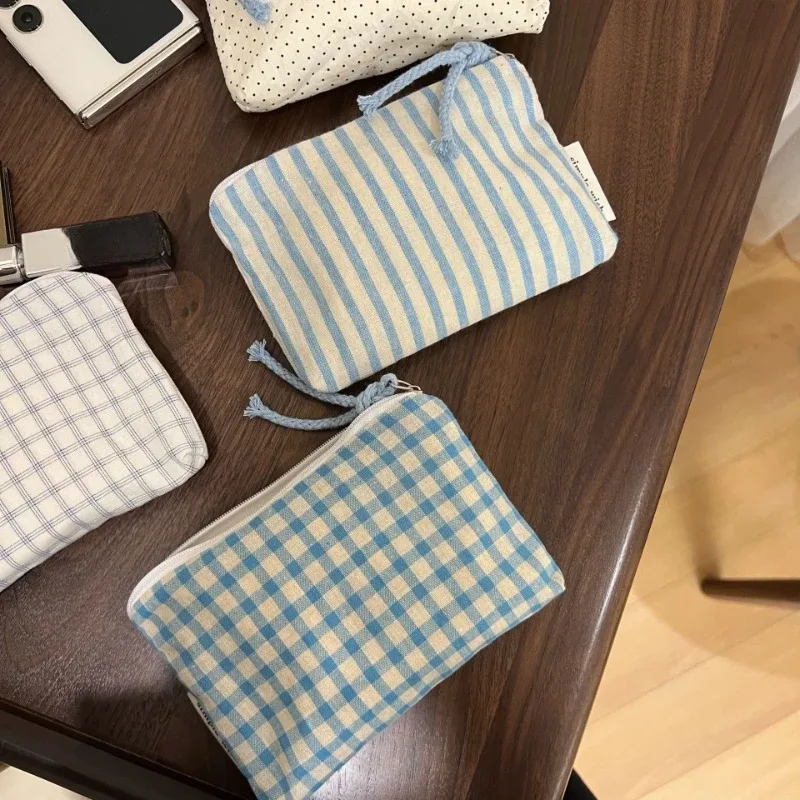 sac de maquillage portable pour femmes, organiseur de cosmétiques bleu à carreaux, portefeuille mignon, mini sac de rangement pour rouge à lèvres