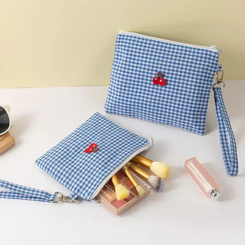 Organisateur Voyage Toile Cerises Blanc Rouge Plaid Fermeture Éclair Maquillage Cosmétiques Toilette Hygiène Sac Compresseur