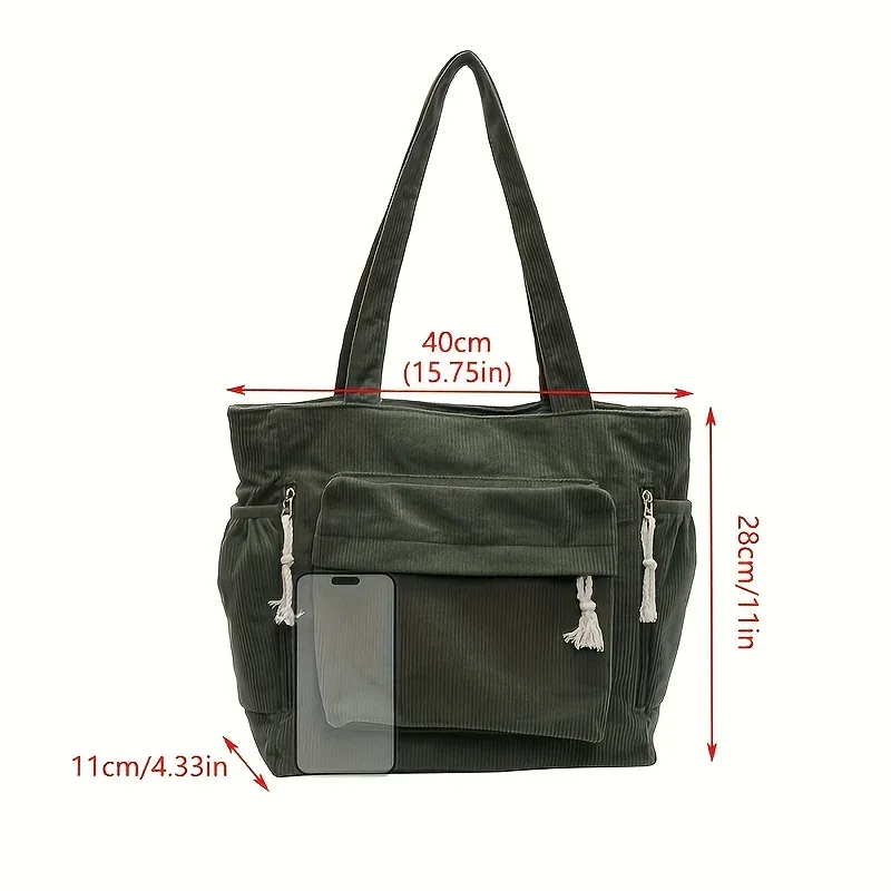 sac fourre-tout en velours côtelé grande capacité pour femme, sac à main multi-compartiments robuste, sac à bandoulière avec sangle fixe et fermeture éclair