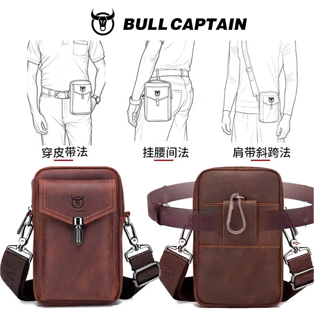 bullcaptain sac de ceinture pour homme en cuir crazy horse, sacoche de téléphone à porter à la taille, sac à bandoulière en cuir de vachette pleine fleur