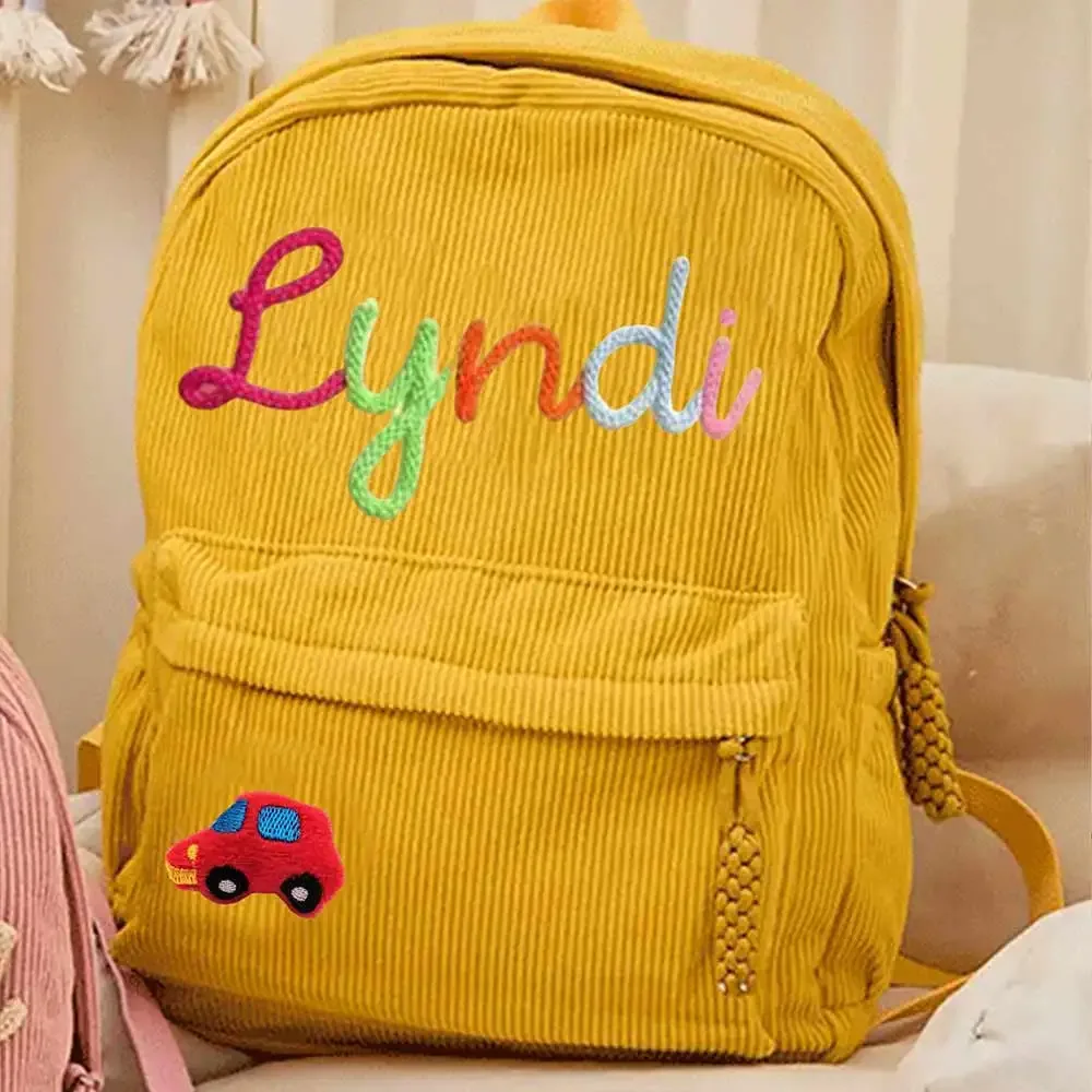 sac à dos en velours côtelé personnalisé 1 pièce, lettres brodées à la main, décorations florales/animales, cadeau idéal.
