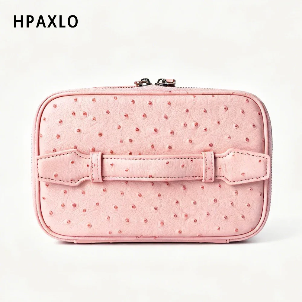 nouvelle trousse de toilette en cuir véritable à motif autruche pour femmes, grande capacité, organisateur de salle de bain de luxe