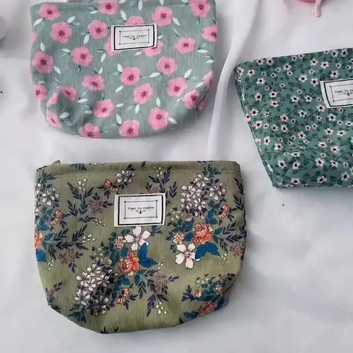 trousse de maquillage en velours côtelé pour femme, trousse cosmétique à imprimé floral rétro, étuis de rangement de beauté, poudres de maquillage de voyage