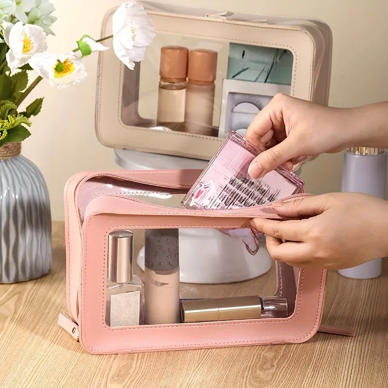 trousse de maquillage de voyage à fermeture éclair, petite trousse de toilette en cuir, sac de rangement multifonctionnel transparent et étanche, accessoires de voyage