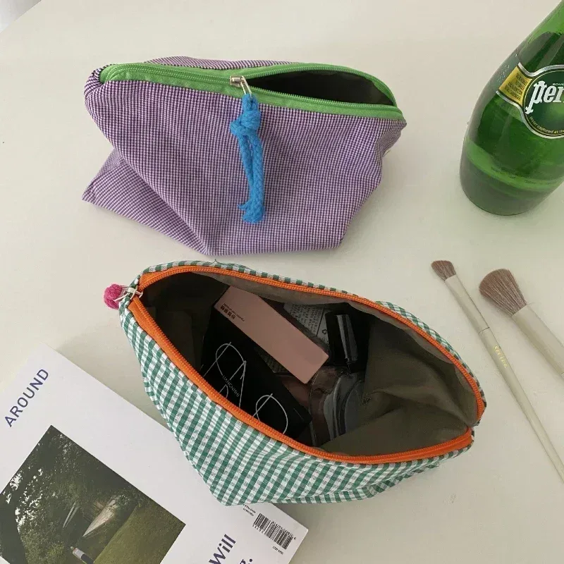 nouvelle trousse de maquillage à carreaux pour femme, grande capacité, en coton, avec fermeture éclair, pochette de voyage, sac cosmétique, nécessaire féminin