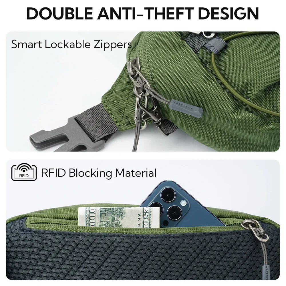 sac banane léger waterfly 1,5 l : blocage rfid, antivol, sac à bandoulière résistant à l'eau pour voyage, edc