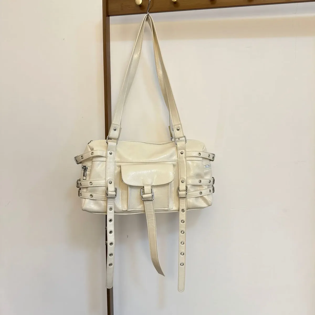 sac à bandoulière multi-poches pour femme, grande capacité, style punk y2k, avec rivets, sac à main moto tendance pour femme, sac de voyage à franges à porter sous le bras