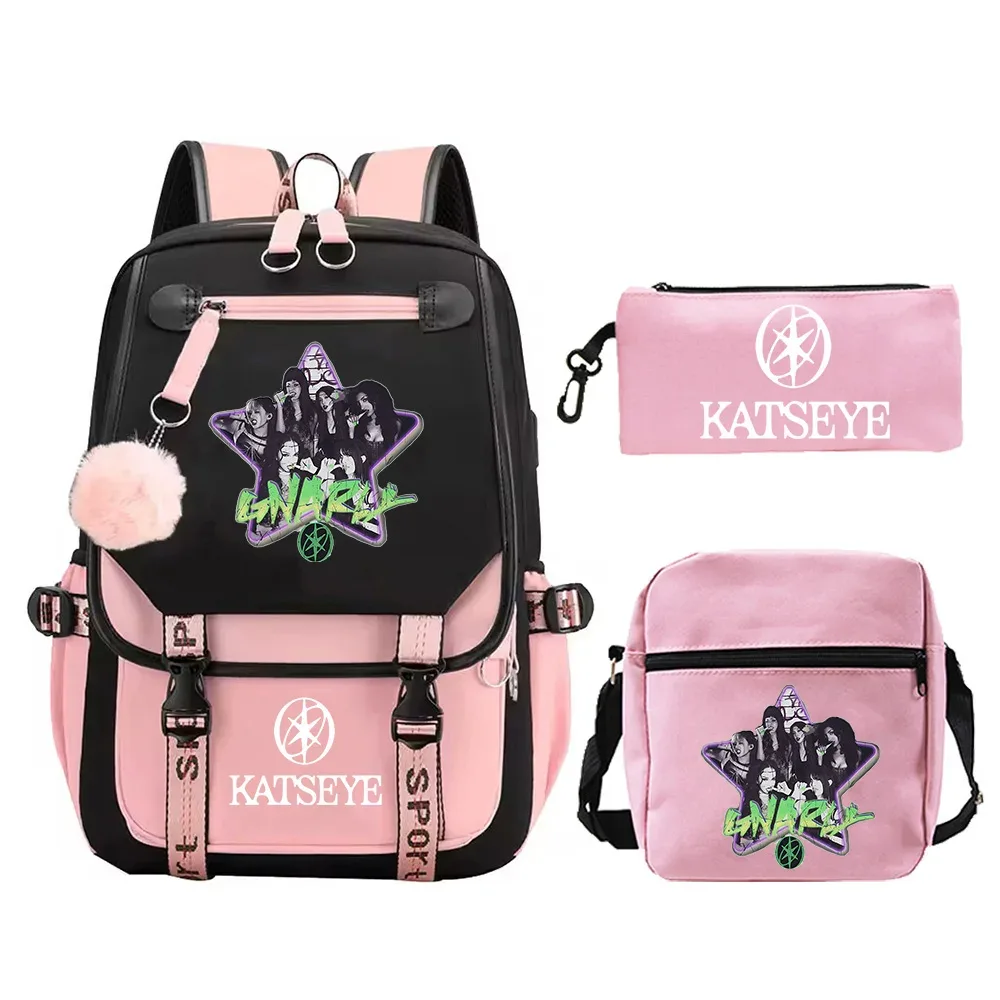 nouveau sac à dos kpop katseye pour filles, ensemble de 3 pièces, sacs d'école pour enfants, sac à déjeuner, trousse à crayons, sac d'école imprimé katseye, sac de voyage