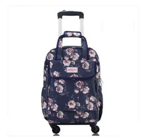 sac dos oxford université motif floral roses rouges fond bleu nuit toupie roulettes transport voyage femmes