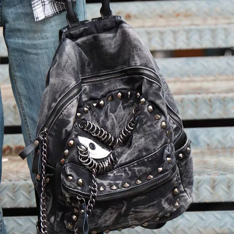 sac à dos en denim steampunk pour femmes, nouvelle mode, grande capacité, chaîne à rivets, sac à bandoulière, sac en toile de grande capacité