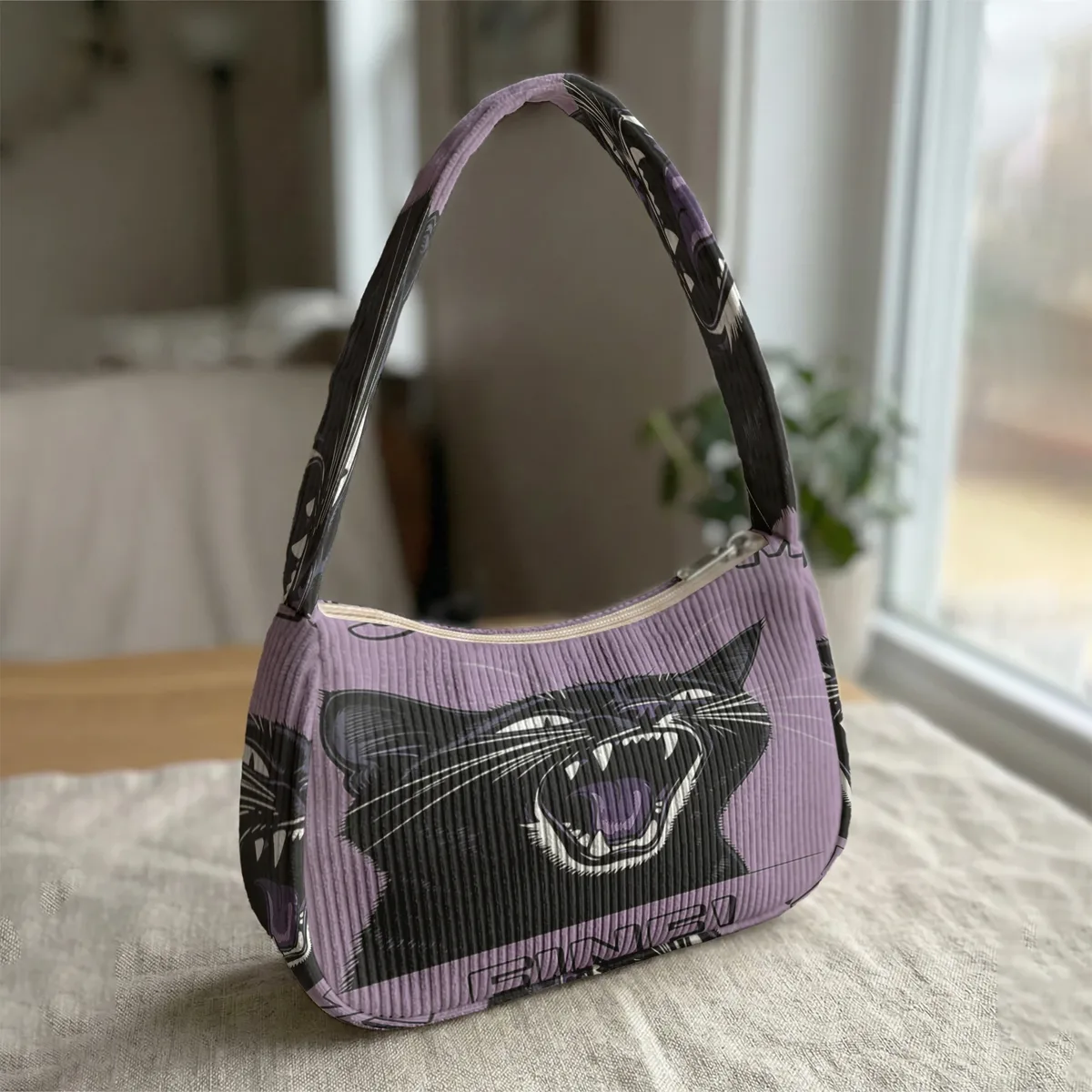 sac à bandoulière tendance imprimé chat noir en colère, sac sous le bras en velours côtelé pour un usage quotidien décontracté