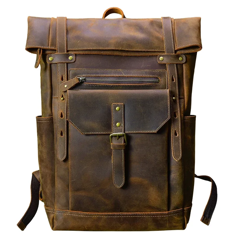 sac dos cuir vache marron bandoulière arquée pochette ordinateur capacité grande voyage retour style vieux