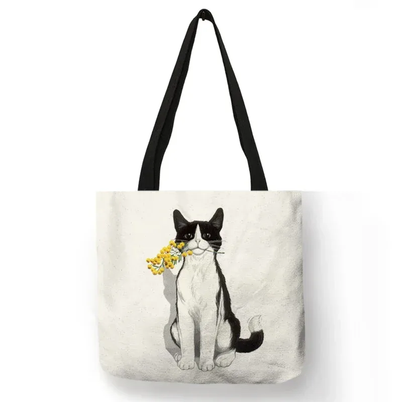 sac à bandoulière imprimé chat noir pour femmes, fourre-tout, sacs à main, peinture artistique animale, sac de shopping graphique pour boutique, supermarché, fourre-tout de plage