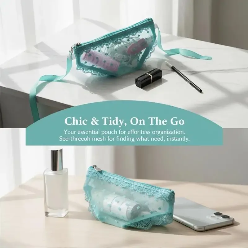 trousse de maquillage portable unique en dentelle et résille, sac de rangement cosmétique à fermeture éclair