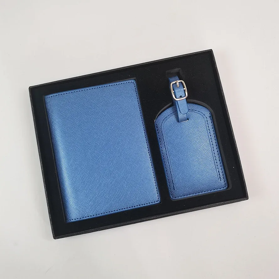 ensemble de couverture de passeport et d'étiquette de bagage en cuir pu de luxe avec boîte, porte-passeport personnalisé avec nom, étiquette de valise personnalisée, vente en gros, cadeau