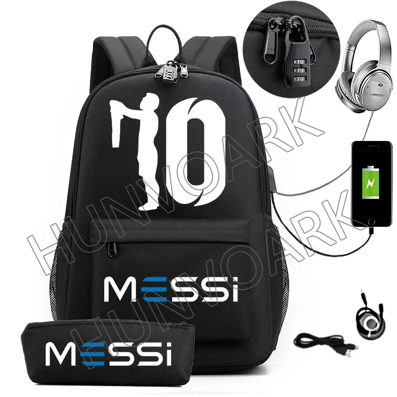 messi-sac à dos étanche avec chargeur usb, sac à dos de voyage décontracté, grande capacité, sacs d'école pour ordinateur portable, hommes et femmes
