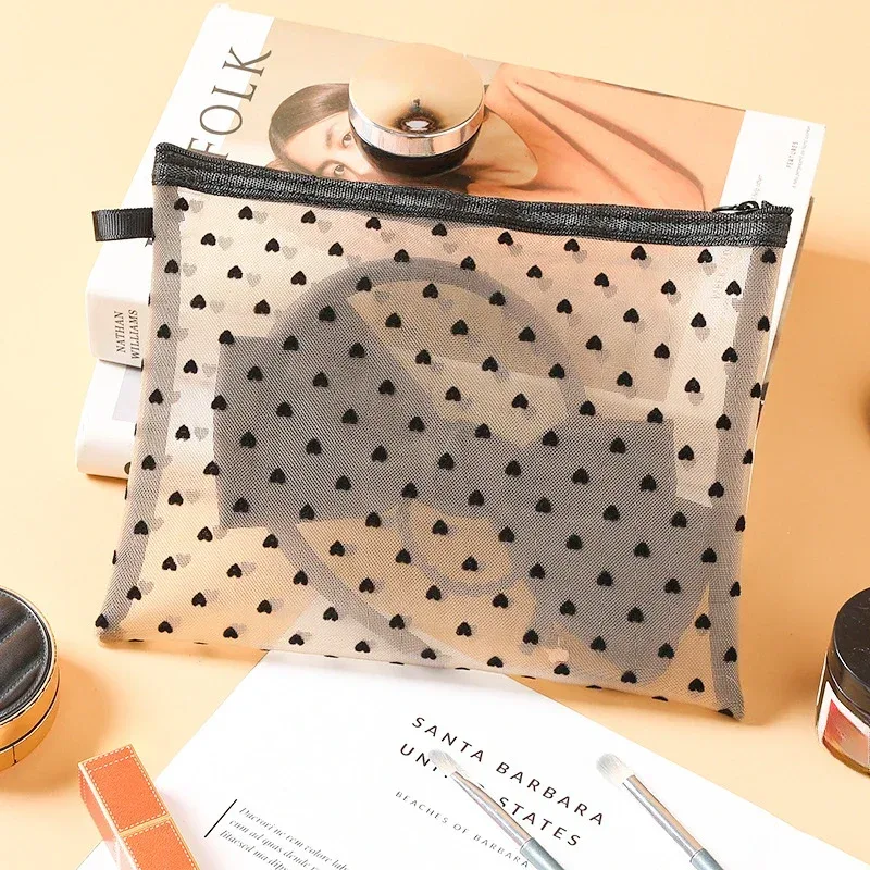 sacs à cosmétiques transparents en maille, petite et grande trousse de maquillage noire, trousse de toilette de voyage portable, trousse de rangement pour rouge à lèvres, poudres, 1pc