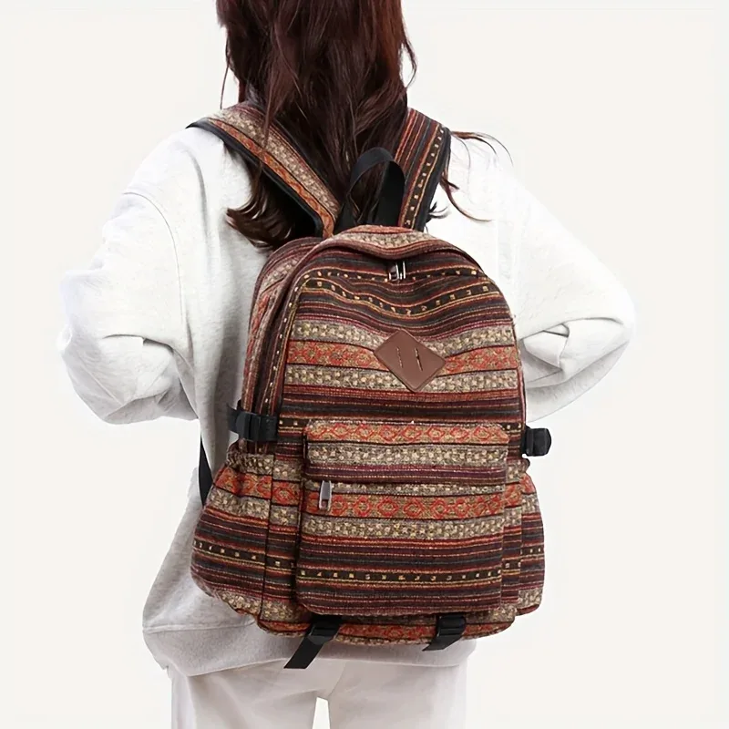 Nouveau sac à dos étudiant de grande capacité avec style ethnique, tissu grossier tendance et résistant à l'usure, sac à dos rayé, sac à dos décontracté,