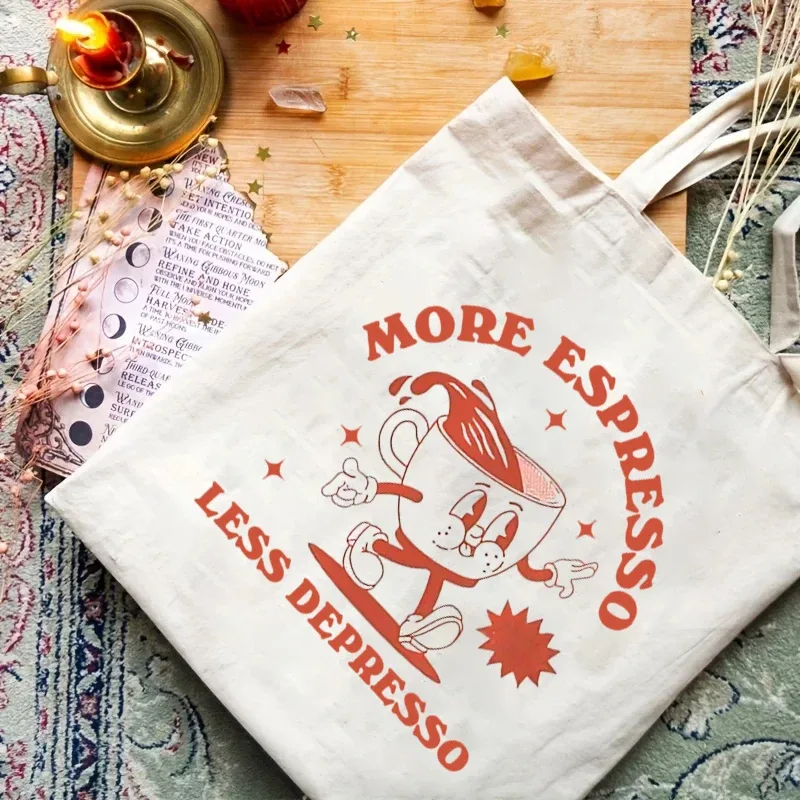 sac fourre-tout en toile graphique rétro plus expresso, 1 pièce, sac de shopping, sac d'art de style vintage, sac à bagages, sacs à bandoulière réutilisables