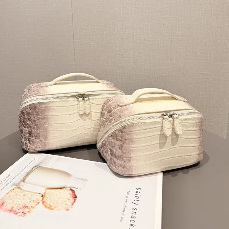 sac de maquillage en cuir véritable à motif pierre pour femmes, nouveau sac de toilette de voyage en cuir de vachette à motif crocodile de l'himalaya, sac de rangement pour cosmétiques