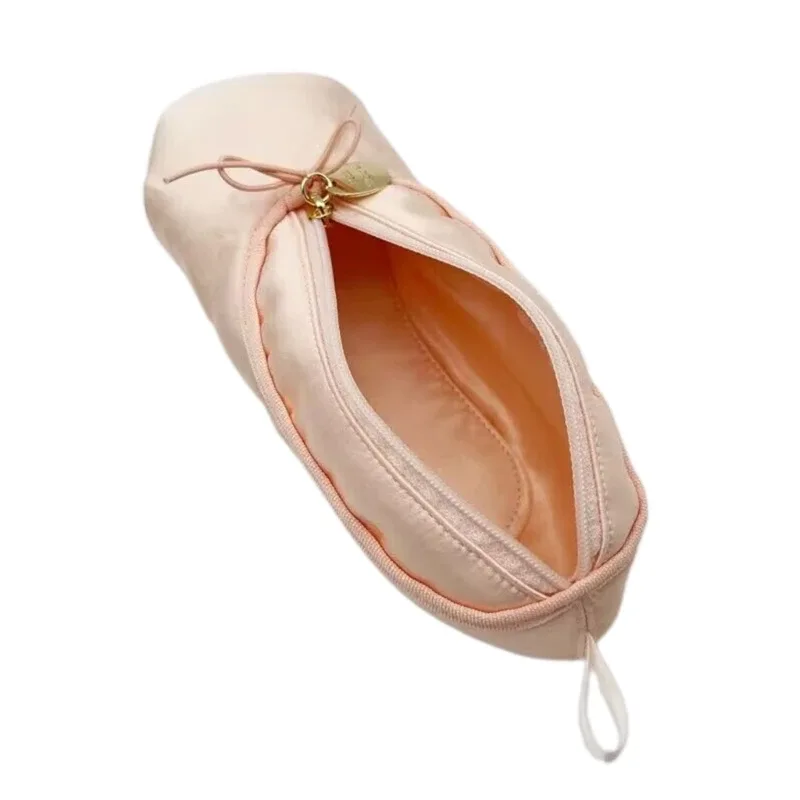 trousse polyester rose pâle satin doublure nylon imperméable ovale fermeture éclair noeud décoratif maquillage voyage ecole bureau