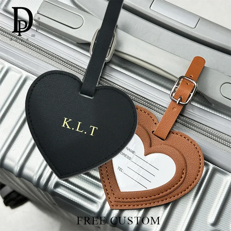 étiquette de bagage de voyage en forme de cœur, personnalisable avec initiales, étiquette de valise de luxe pour affaires, gravure de nom, pendentif de sac à main en pu, vente en gros, cadeau de mariage