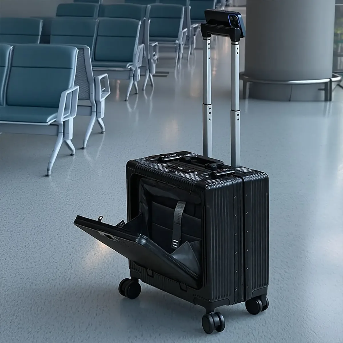 valise de poche à ouverture avant de 18 pouces, cadre en alliage d'aluminium, bagages roulants, sacs de chariot de voyage d'embarquement avec roue rotative