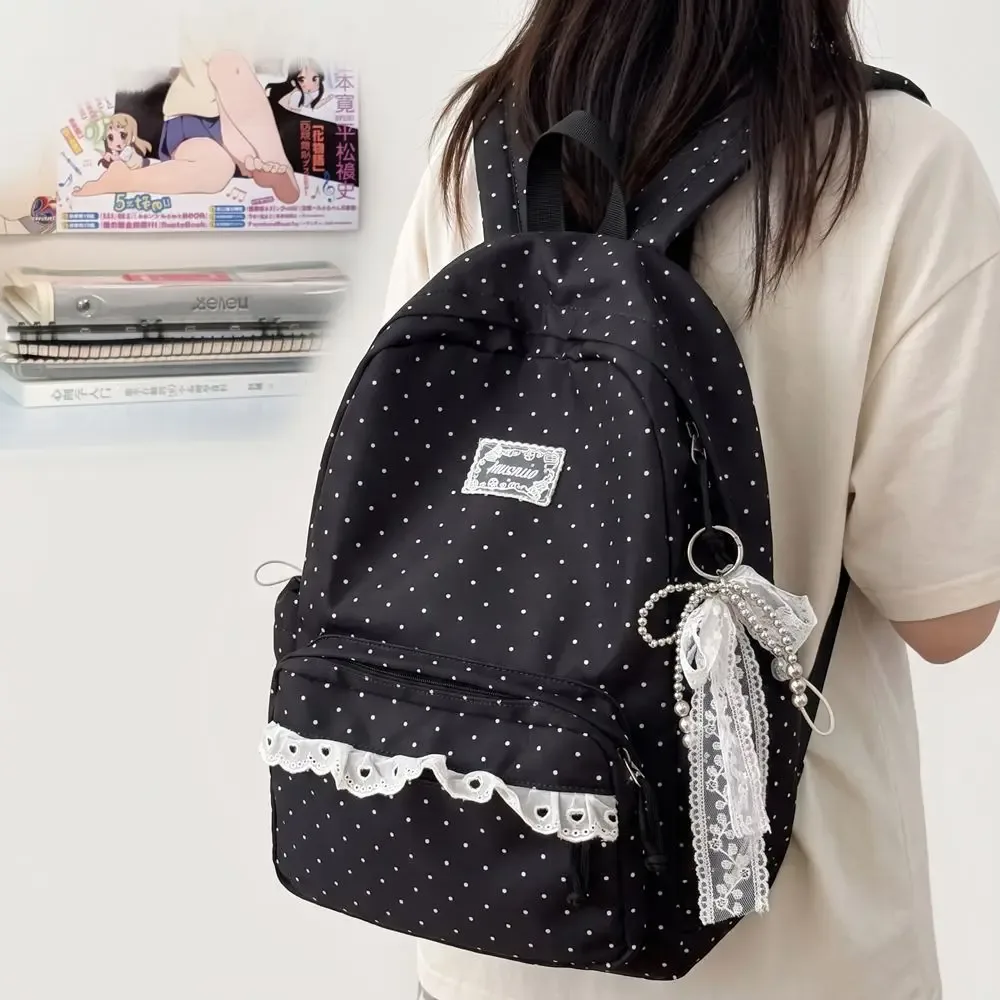 sac à dos y2k à pois, style minimaliste, grande capacité, avec bordure en dentelle, design à nœud, durable, idéal pour les étudiants, l'école et les voyages.