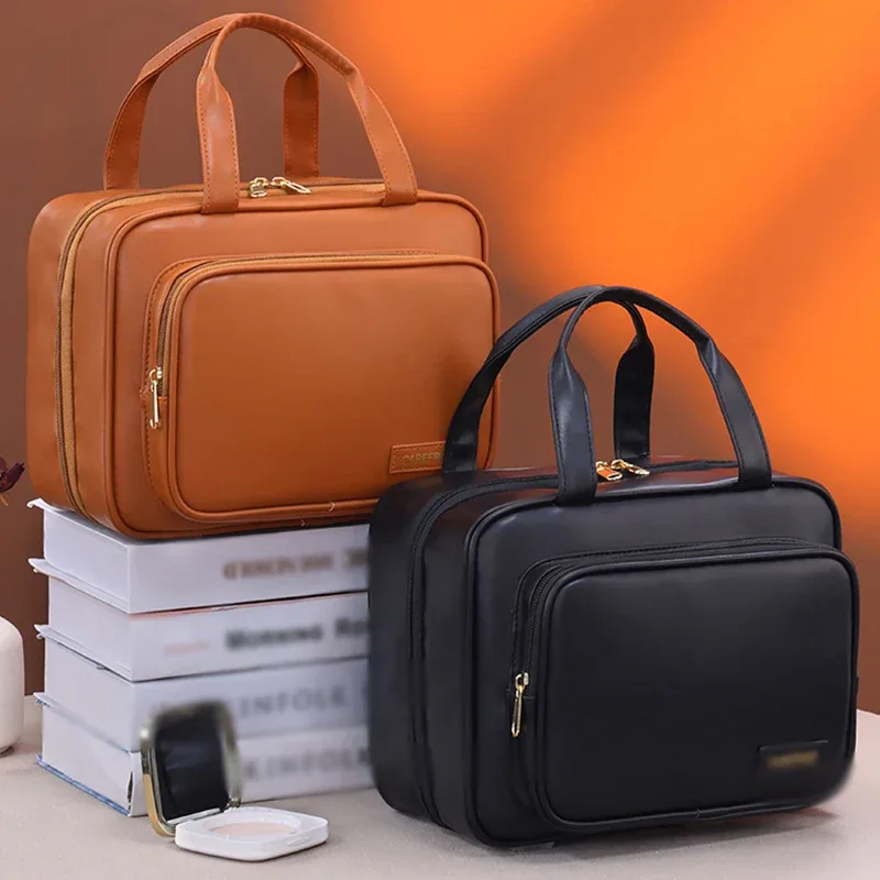 nouveau sac à cosmétiques suspendu en cuir pu pour femmes, rangement portable, organisateur de maquillage, sacs de rangement de toilette de voyage de grande capacité