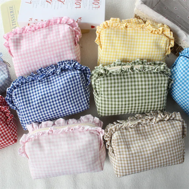 pochette de maquillage à franges en tissu gingham, style coréen, grande capacité, portable, trousse de toilette de voyage pour filles et femmes
