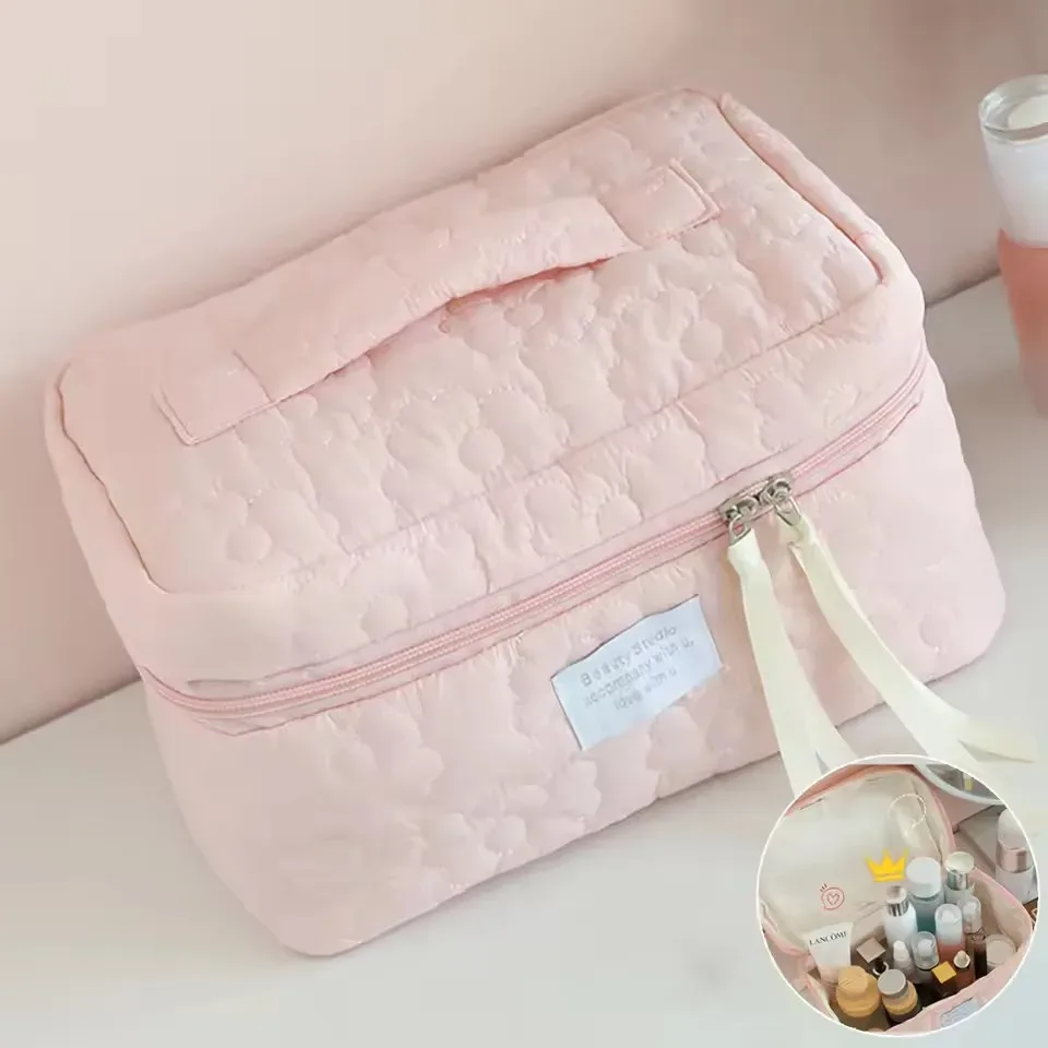 trousse de maquillage matelassée cloud, grande capacité, organiseur de cosmétiques avec poignée pour les voyages et l'usage quotidien