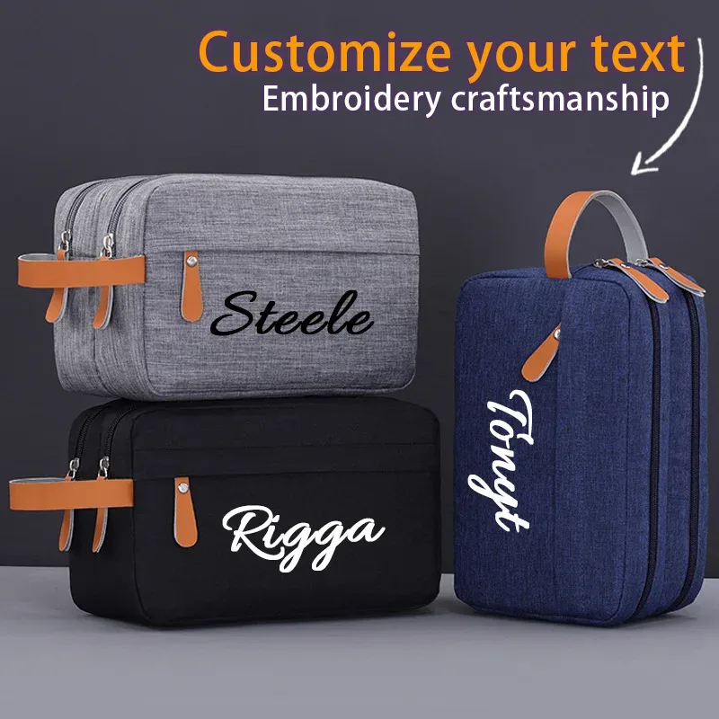 Sac de toilette personnalisé pour homme avec broderie de nom, sac de toilette double couche en tissu Oxford grande capacité, pochette de voyage avec texte personnalisé