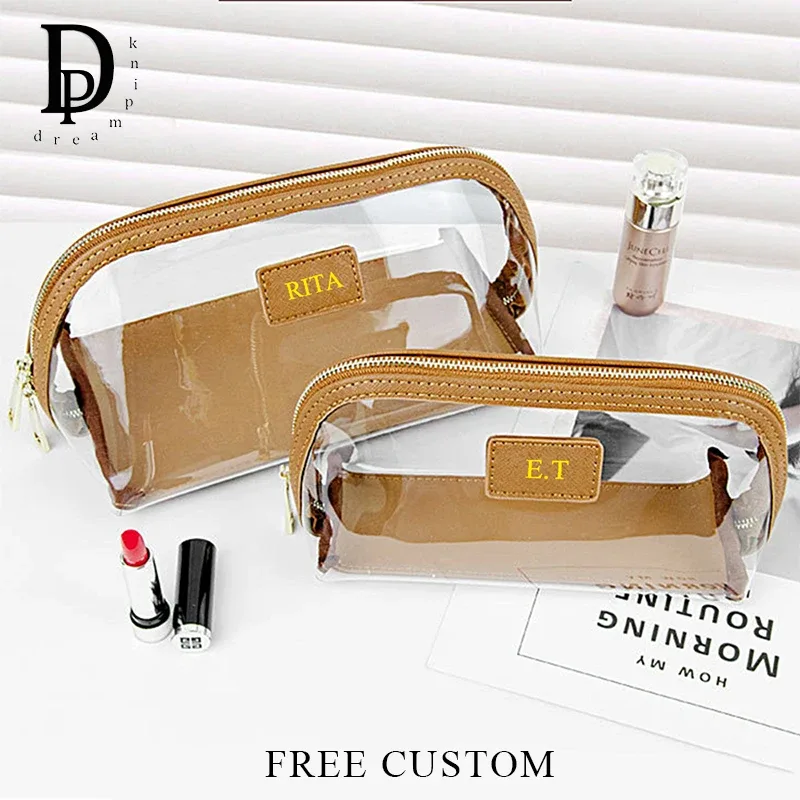 sac à cosmétiques étanche en pvc avec nom personnalisé de voyage, sac de maquillage de grande capacité en cuir saffiano avec initiales gravées, sac de rangement de luxe