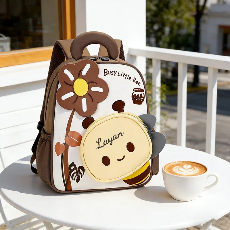 sac dos polyester rose motifs abeilles fleurs enfants double bandoulière grande capacité voyager école