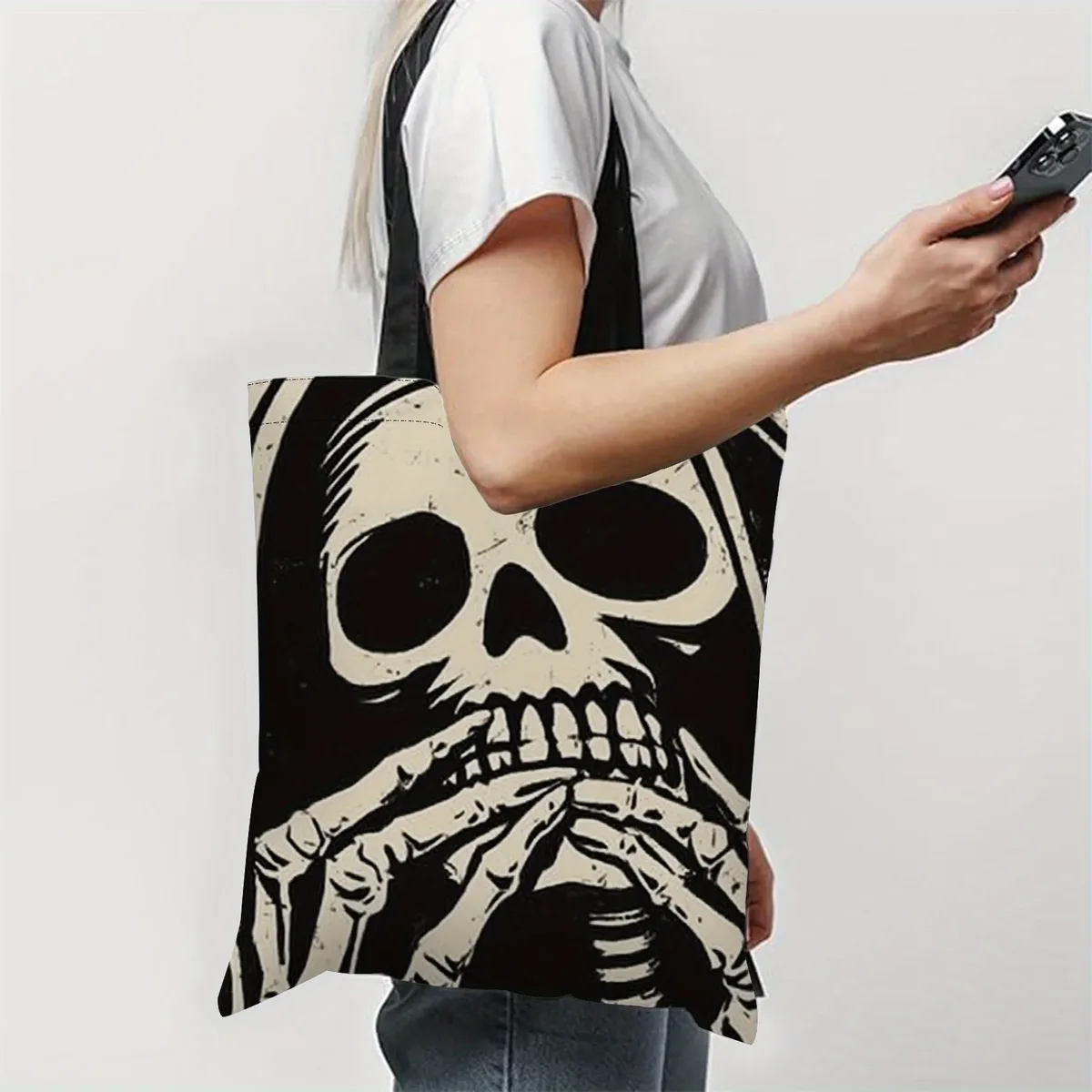 sac fourre-tout humoristique d'halloween, style hippie gothique, avec crânes noirs effrayants, sacs de courses réutilisables, sac à bandoulière de voyage