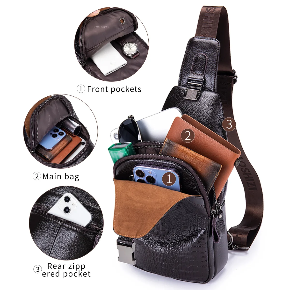 sac de poitrine en cuir pour hommes, sac à bandoulière, sac multifonctionnel à motif crocodile avec sac à bandoulière de chargement usb