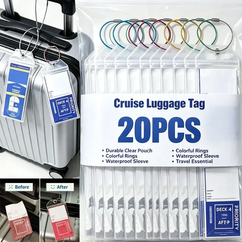 étiquette bagage pvc transparente couleur anneau sécurité voyage croisière résistante imperméable pochette carte enregistrement