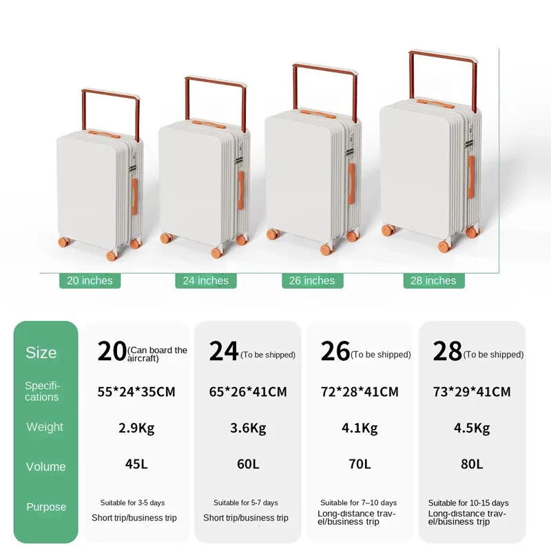 nouvelle valise large centrée 2026 pour femme avec roues silencieuses pivotantes, bagage de voyage mignon pour étudiants, bagage à main 24/26 pouces
