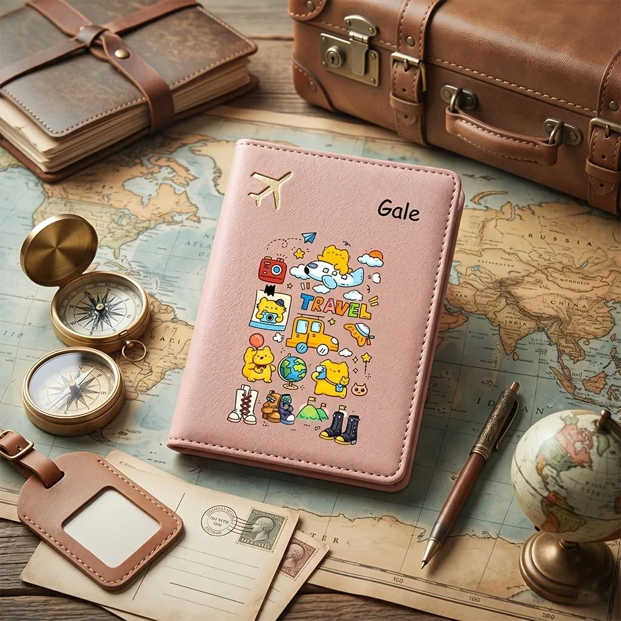 porte-passeport personnalisé avec nom et texte, étui de passeport mignon à motif de dessin animé, couverture de passeport et organiseur de documents, porte-billets de voyage